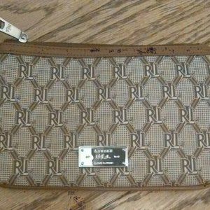 RALPH LAUREN Purse Wristlet Handbag W/ Zipper  Brown Designer syn leather